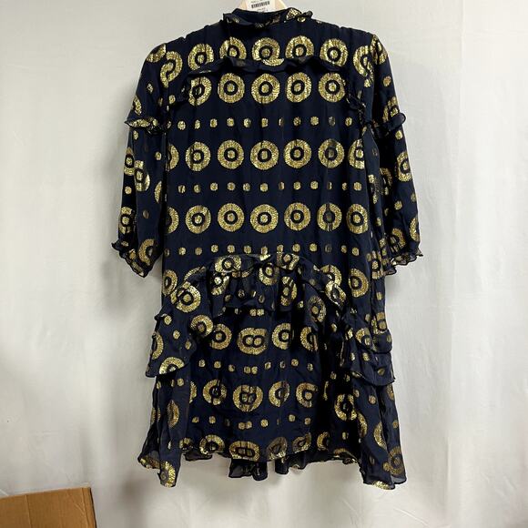 SALONI Tilly Silk Blend Ruffle Shift Dress Medallion Print Navy and Gold Size 8 - Picture 2 of 9